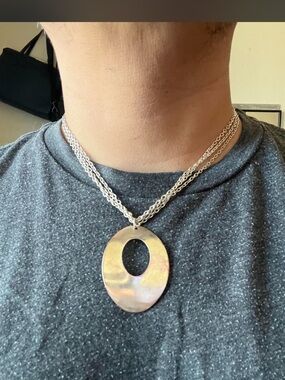 Silver Tone Oval Pendant Necklace with Cutout - Women Jewelry